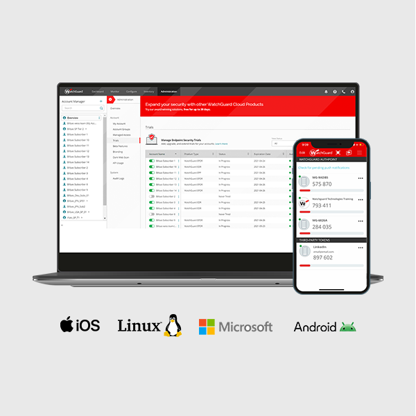 Interface WatchGuard pour la gestion des équipements EPDR et l’application AuthPoint sur ordinateur et mobile. Compatible avec iOS, Linux, Microsoft et Android.