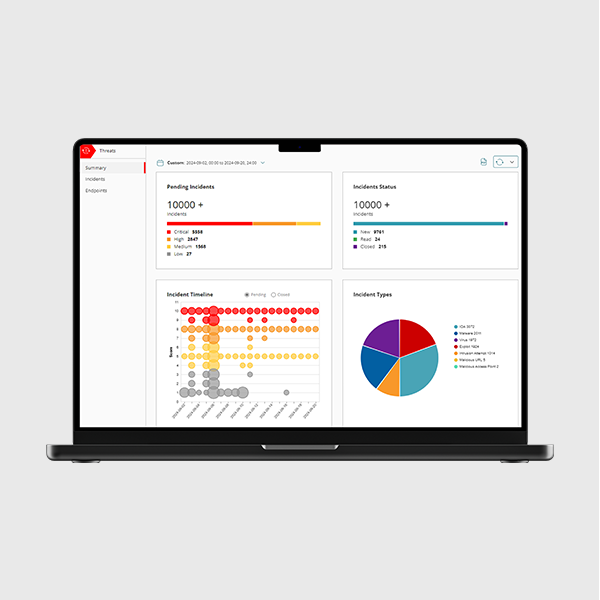 Tableau de bord de la plateforme XDR WatchGuard montrant l’état des incidents de sécurité, les types d’incidents et la chronologie des menaces pour une détection et une réponse unifiée.